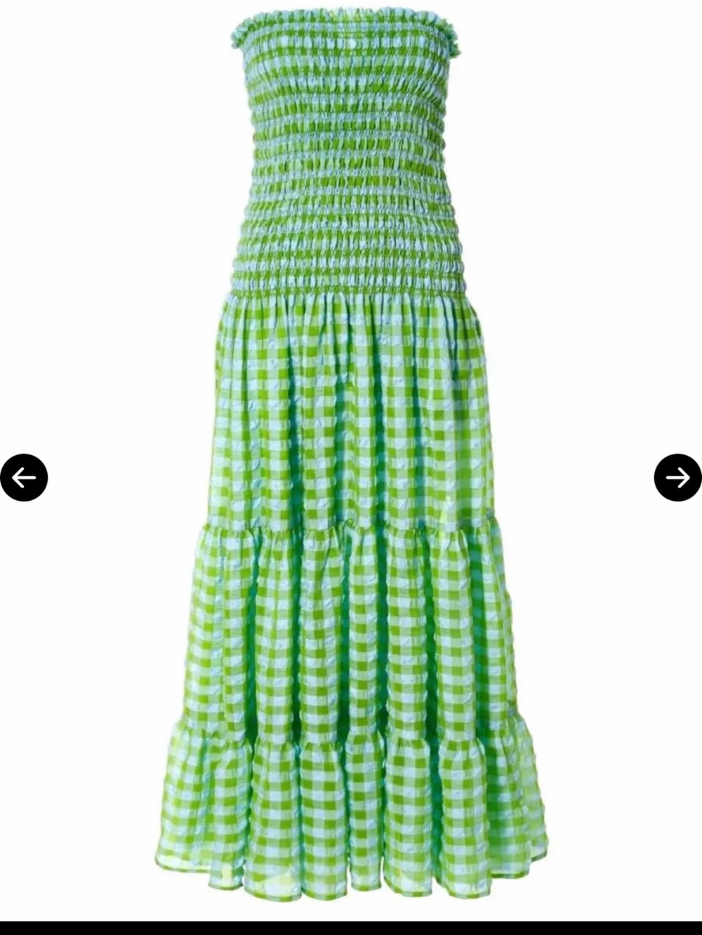 AGGI Gingham Silk Blend Smocked Strapless Maxi Dress Green Blue XS S NEW